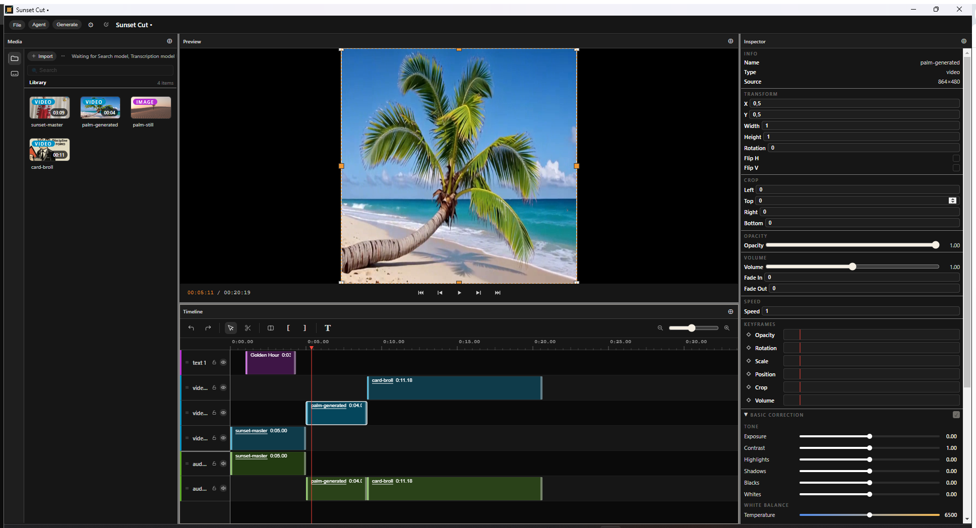 Frontstage editing the project 'Sunset Cut' — an AI-generated clip selected on the timeline